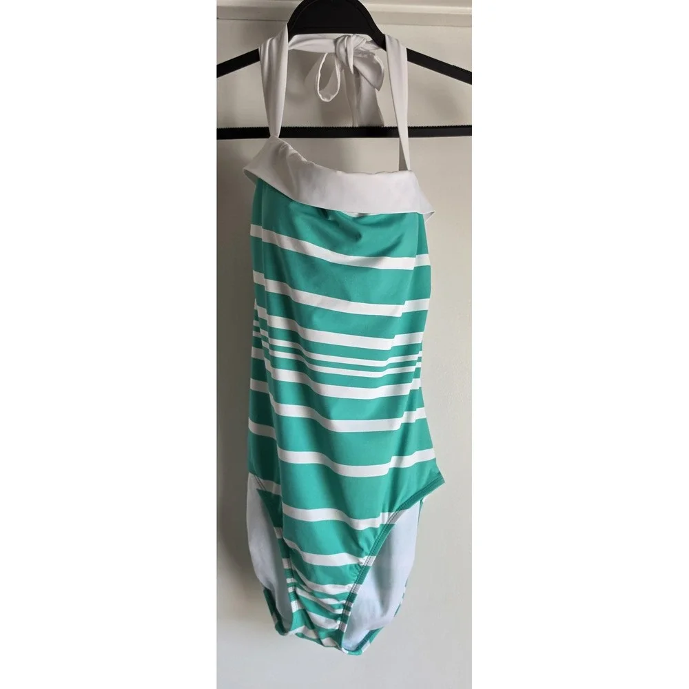 Lauren Ralph Women Striped Halter Bikini Top Green White Classic Swim